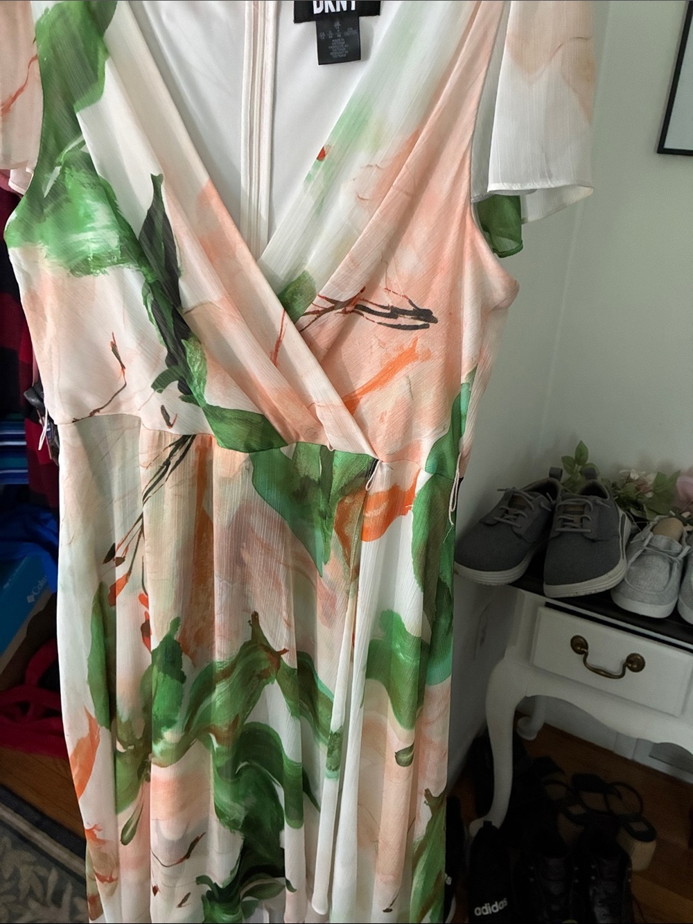 DKNY White Maxi Dress with Green & Peach Floral Print Size 14